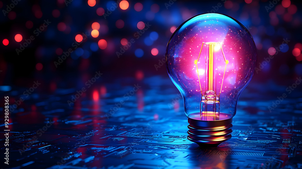 A glowing light bulb with a colorful background. A glowing light bulb with a colorful background.