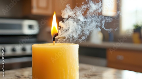 Candle snuffer being used to extinguish a burning candle with smoke rising and the candle safely put out photo