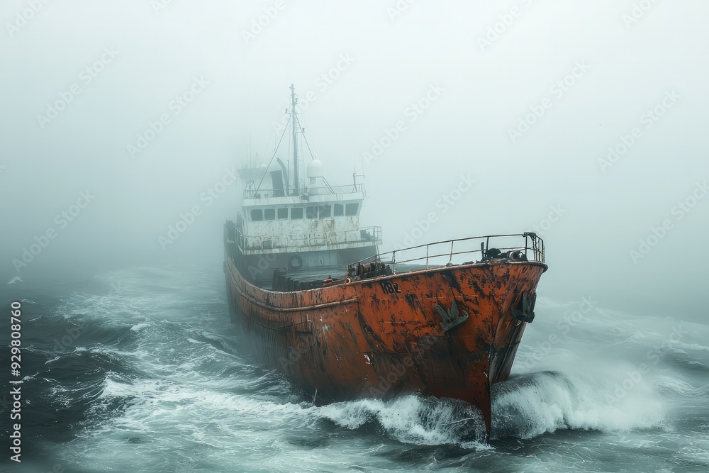 Cargo ship navigating through rough stormy seas with heavy fog Cargo ship navigating through rough stormy seas with heavy fog