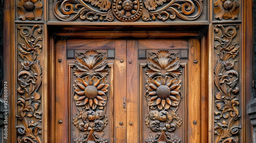 a teak wood door typical of Asian housing. a teak wood door typical of Asian housing.