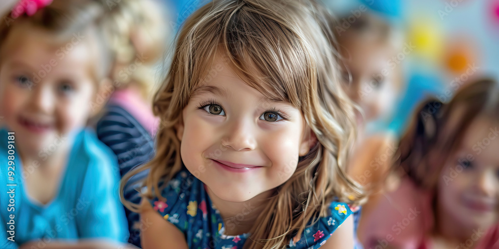 Group of happy children playing together in a colorful indoor environment Group of happy children playing together in a colorful indoor environment