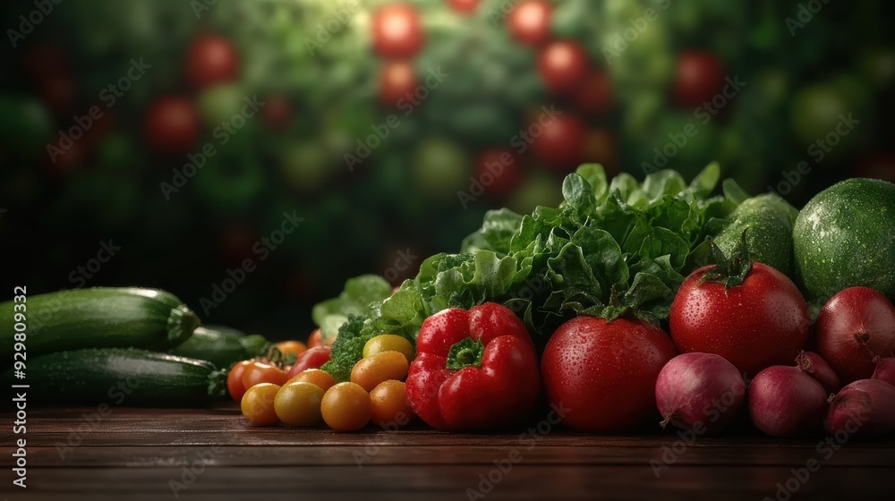 A colorful array of fresh vegetables such as tomatoes, and greens, beautifully showcased in a market under natural lighting A colorful array of fresh vegetables such as tomatoes, and greens, beautifully showcased in a market under natural lighting