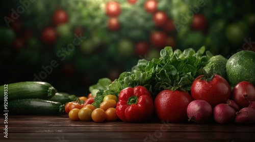 A colorful array of fresh vegetables such as tomatoes, and greens, beautifully showcased in a market under natural lighting