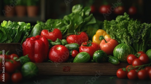 Fresh organic produce, including tomatoes, broccoli, and zucchini, is captured in a rustic wooden crate with a dark background, emphasizing their natural freshness.