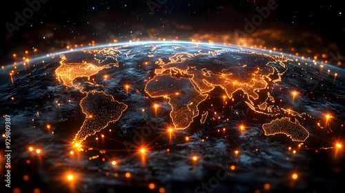 A glowing representation of Earth with network connections.