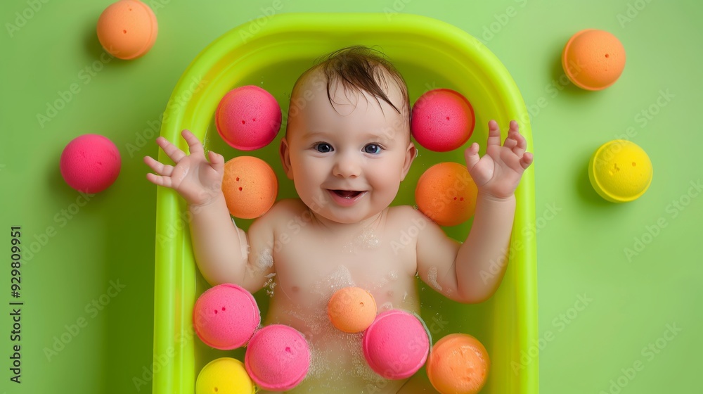 happy baby in bathtub surrounded by colorful balls on a green background in high-resolution photography capturing a joyful and playful moment perfect for commercial use happy baby in bathtub surrounded by colorful balls on a green background in high-resolution photography capturing a joyful and playful moment perfect for commercial use