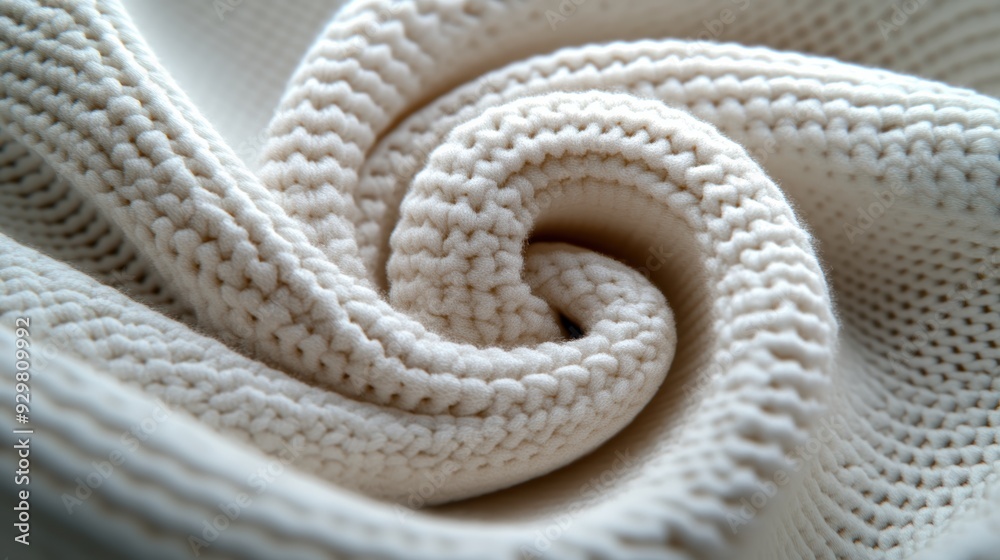 Obraz premium The delicate weave and cozy texture of the material are showcased in a close-up of soft, white knitted fabric with a wave-like flow.