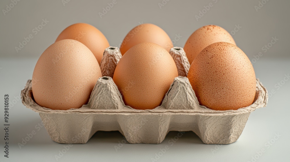 A close-up of six brown eggs with natural speckles, neatly arranged in a half-dozen carton, showcasing the simplicity and freshness of farm produce. A close-up of six brown eggs with natural speckles, neatly arranged in a half-dozen carton, showcasing the simplicity and freshness of farm produce.