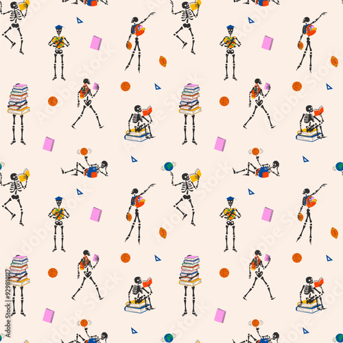 Seamless pattern with Funny Skeleton ready for school with school stationery. Back to school