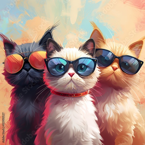 Three cute cats wearing colorful sunglasses stand side by side in a vibrant digital illustration.