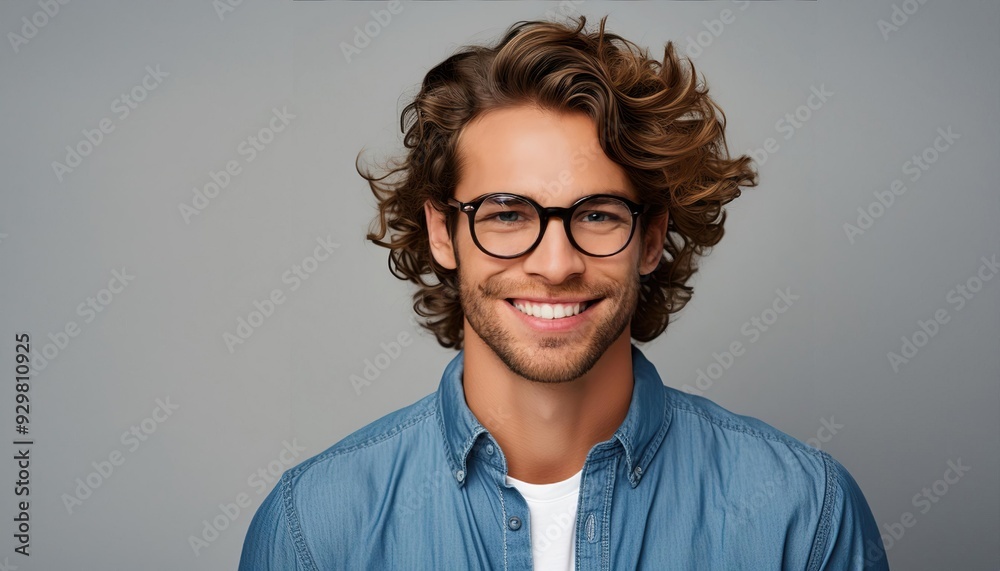 young man with glasses and wavy hair in a denim shirt, against a gray background young man with glasses and wavy hair in a denim shirt, against a gray background