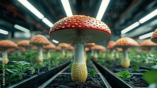 Detailed close-up of a red and white mushroom growing indoors, surrounded by smaller plants, under bright artificial lighting in a controlled environment.