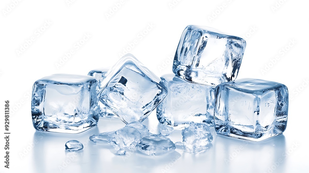 Several ice cubes are arranged on a white surface, some broken into smaller pieces, with a subtle reflection underneath. Several ice cubes are arranged on a white surface, some broken into smaller pieces, with a subtle reflection underneath.