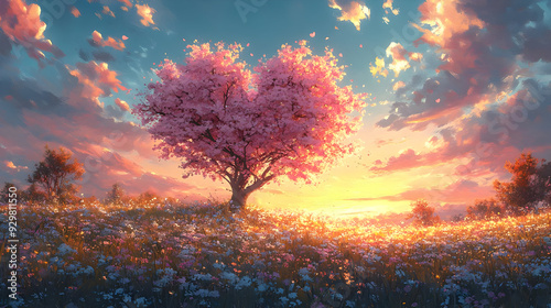 A heart-shaped cherry blossom tree at sunset in a vibrant field.