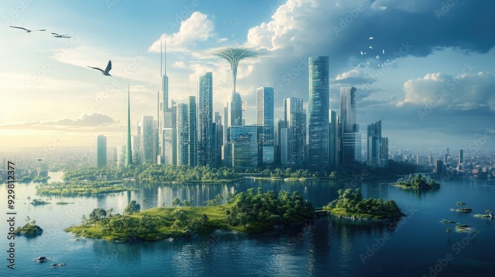 Fototapeta premium Futuristic Cityscape with Islands and Birds