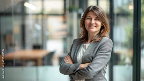 Confident businesswoman with crossed arms smiling in modern office, facing camera, embodying success in professional attire with sleek hairstyle. Free Download Confident businesswoman with crossed arms smiling in modern office, facing camera, embodying success in professional attire with sleek hairstyle. - GFXLoad