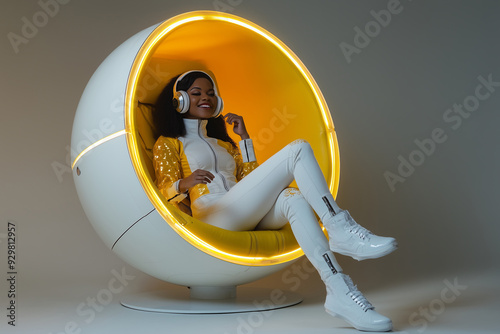  Stylish Young Woman Relaxing in Futuristic Yellow Pod Chair with Headphones