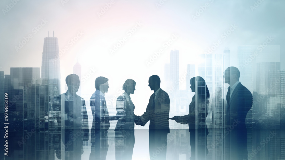 Double exposure of business people silhouettes and a cityscape background, a group of men and women in an office meeting concept for professional teamwork or a corporate company. Double exposure of business people silhouettes and a cityscape background, a group of men and women in an office meeting concept for professional teamwork or a corporate company.