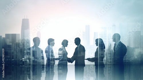 Double exposure of business people silhouettes and a cityscape background, a group of men and women in an office meeting concept for professional teamwork or a corporate company.