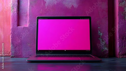 A laptop with a blank pink ...