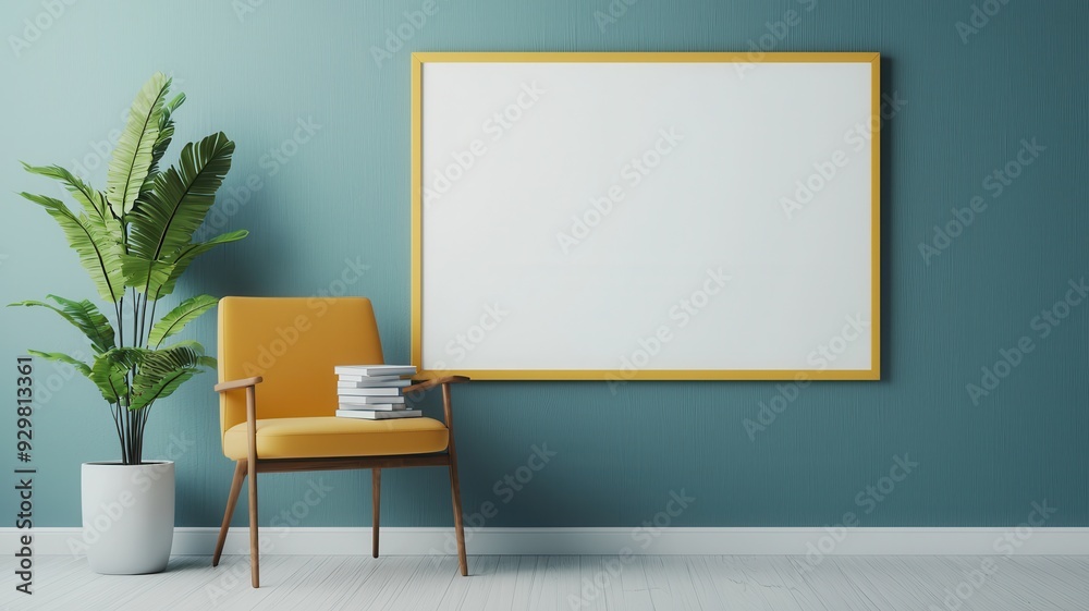 Modern interior scene featuring a yellow chair, blank frame, and indoor plant, perfect for home decor inspiration.