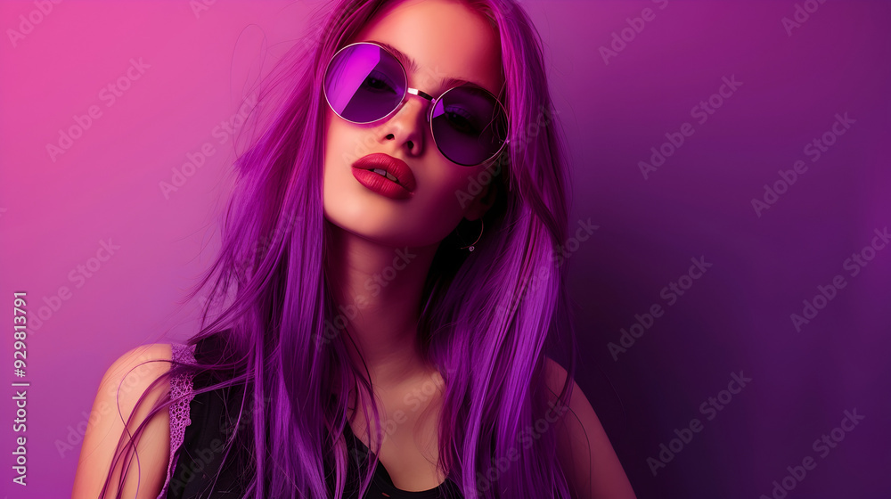 Model girl young beautiful stylish with hair dyed purple on violet background Model girl young beautiful stylish with hair dyed purple on violet background