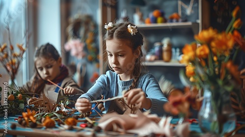 Two children engage in crafting with natural materials, showcasing creativity and focus.