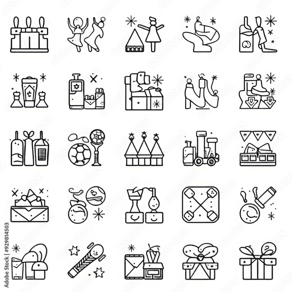 Naklejka premium Set of 100 party and event icons in line style. Birthday, dancing, happy new year, week, Christmas, entertainment, invitation,wedding, event, holiday, carnival, collection, vector illustration. Detail
