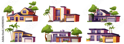 Modern luxury suburban mansion with garage and trees. Cartoon vector illustration set of residential village house exterior for suburb city street landscape design. Countryside villa building facade.