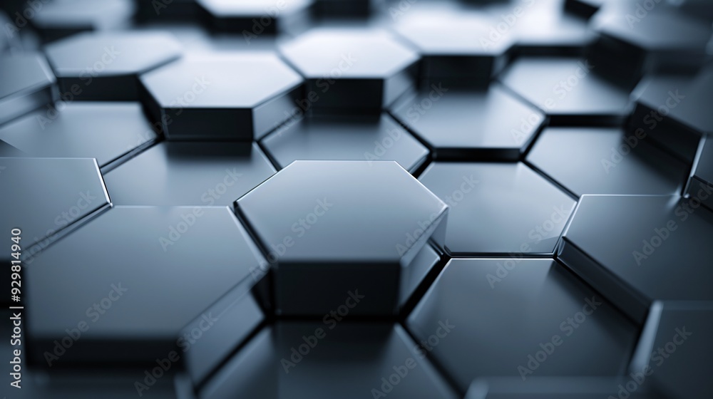 A futuristic 3D background with layered hexagonal tiles in metallic shades, creating depth and texture with ample copy space in the center A futuristic 3D background with layered hexagonal tiles in metallic shades, creating depth and texture with ample copy space in the center