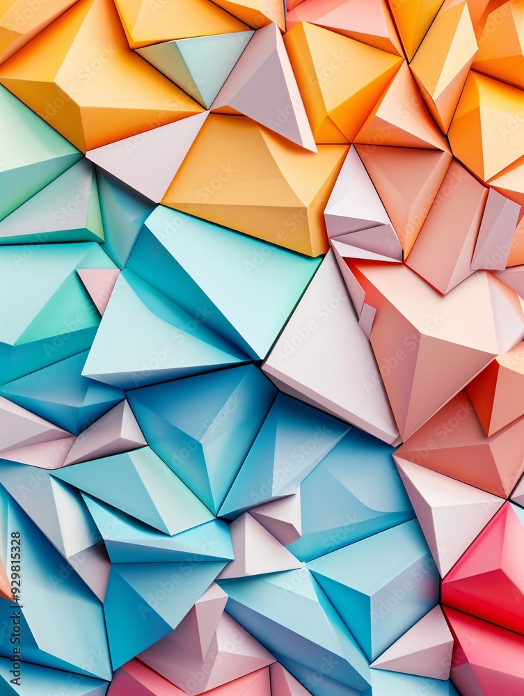 A dynamic 3D pattern of interconnected polygons in bright, contrasting hues, creating a vibrant and playful look with copy space at the top