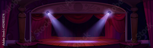 Cartoon empty theatre stage with red open velvet curtain and spotlights. Vector illustration of dark opera, concert or stand up scene for presentation and performance. Auditorium podium design.