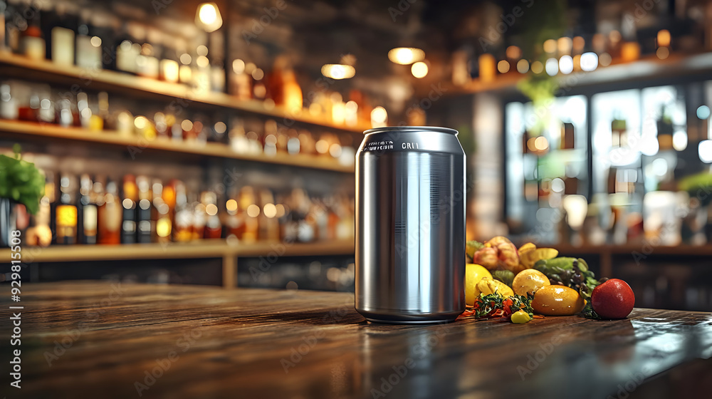 A metallic can on a wooden table with fresh vegetables in a bar. A metallic can on a wooden table with fresh vegetables in a bar.