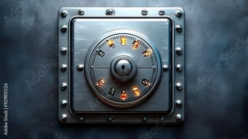 A metallic safe dial with illuminated numbers for security access. photo