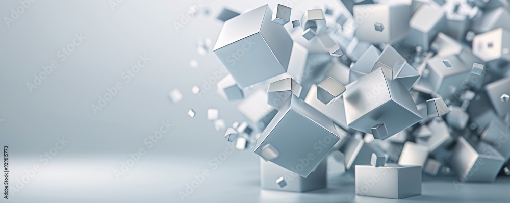 A dynamic 3D geometric pattern of cubes and pyramids in metallic hues, creating a futuristic look with plenty of copy space on the left side A dynamic 3D geometric pattern of cubes and pyramids in metallic hues, creating a futuristic look with plenty of copy space on the left side