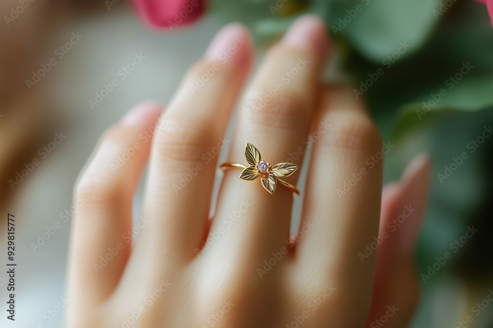 Fototapeta premium Close-up of a delicate gold ring with a leaf design and gemstone, worn on a hand with manicured nails.