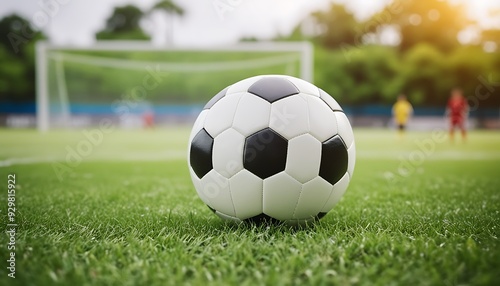 Close up soccer ball sport on grass with blur background.