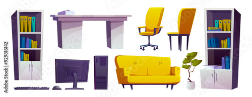 Modern office interior furniture and equipment. Cartoon vector set of boss or employee table and chair, sofa and computer, cabinet with documents and plant in pot. Business worker workplace elements.