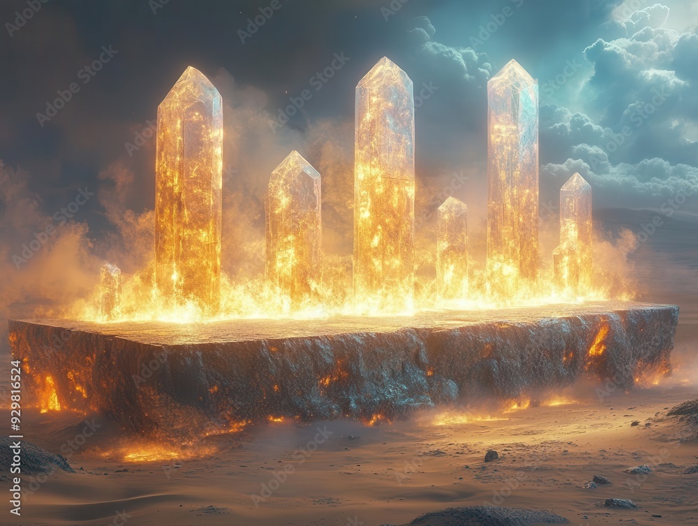 ancient stone podium emerging from shifting desert sands surrounded by ethereal floating crystals and mysterious glowing hieroglyphs ancient stone podium emerging from shifting desert sands surrounded by ethereal floating crystals and mysterious glowing hieroglyphs