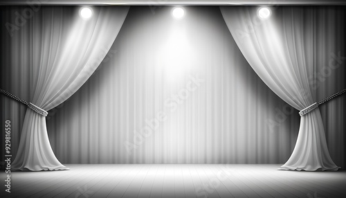 Luxury white curtains stage with spotlight template background. photo