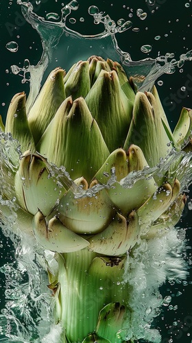 artichokes in splashing water, close-up