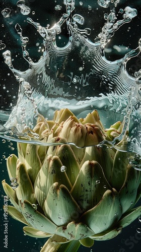 artichokes in splashing water, close-up