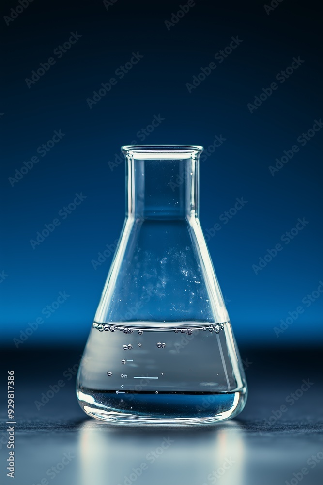A clear laboratory flask containing a transparent liquid, set against a deep blue background with visible bubbles. A clear laboratory flask containing a transparent liquid, set against a deep blue background with visible bubbles.