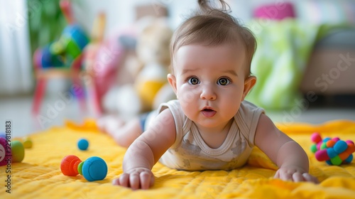 playful baby enjoying time on yellow carpet surrounded by colorful toys in bright children’s room captured in soft natural light highlighting joy and innocence in a cozy and vibrant setting