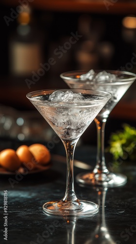 Two martini glasses filled with ice cubes on a bar counter, ready for cocktails in an elegant setting.