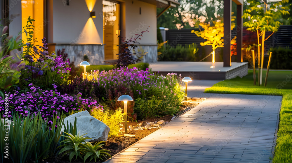 Obraz premium Modern gardening landscaping design details. Illuminated pathway in front of residential house. Landscape garden with ambient lighting system installation highlighting flowers plants