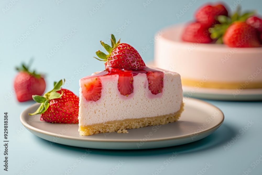 Delicious strawberry cheesecake slice topped with fresh strawberries and syrup on a plate, perfect for dessert lovers.