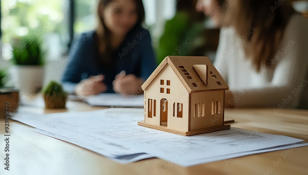 Building a Dream Home: A Wooden Model House Stands on a Tabletop Blueprint