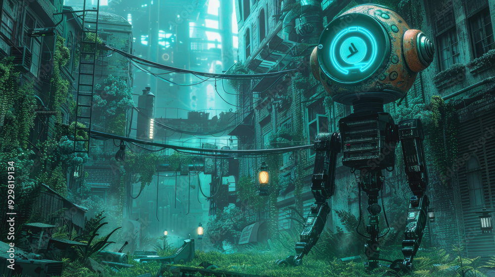 Futuristic Robot Exploring an Overgrown Urban Environment with Neon Lights and High-Tech Elements Futuristic Robot Exploring an Overgrown Urban Environment with Neon Lights and High-Tech Elements