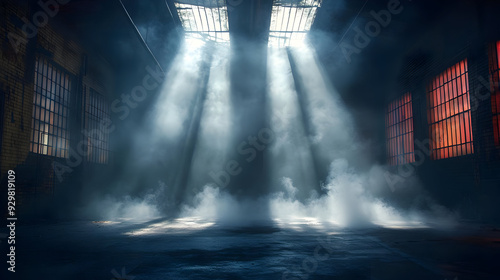 A misty industrial space wi...